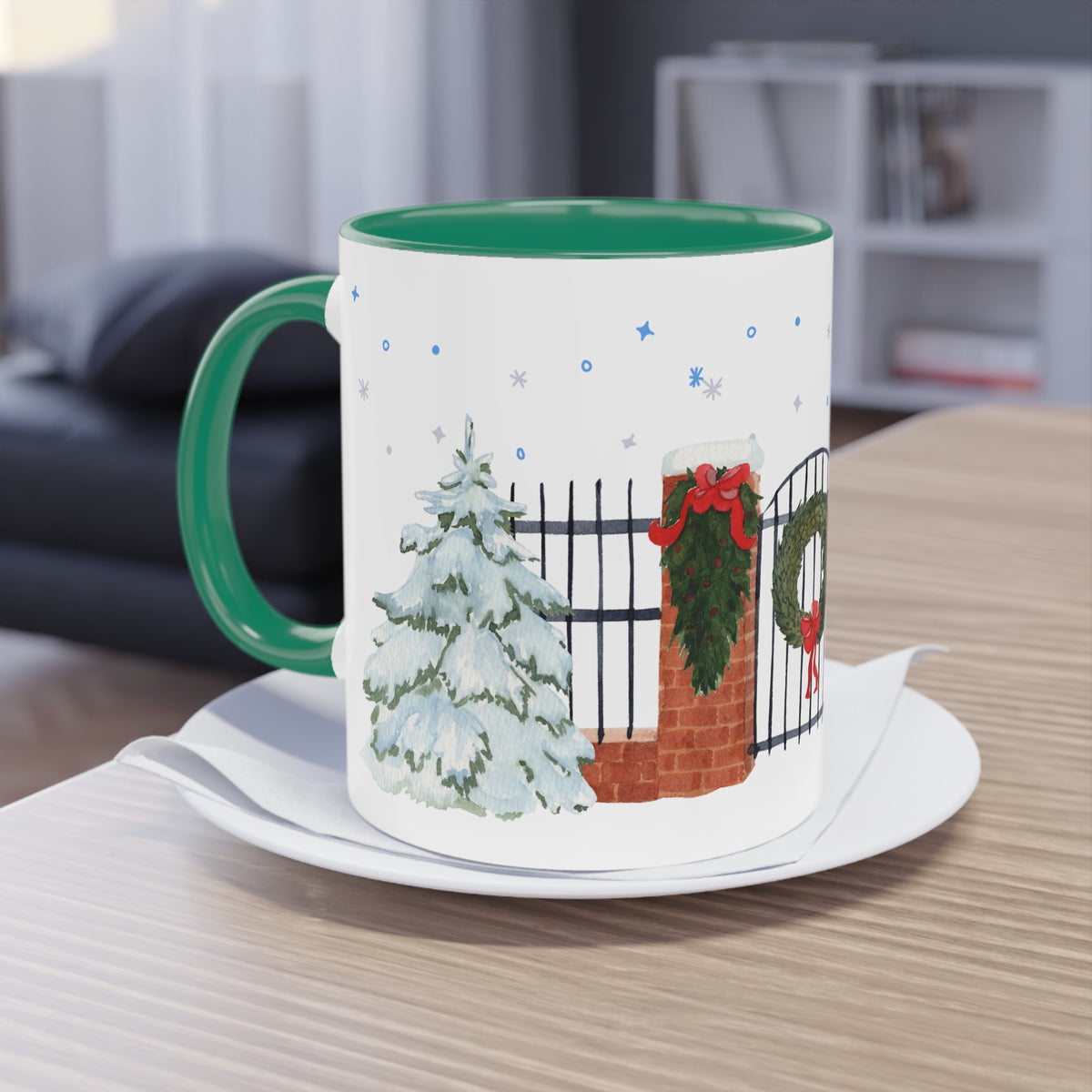 Kaffee Becher - Zaun mit Weihnachtsdeko