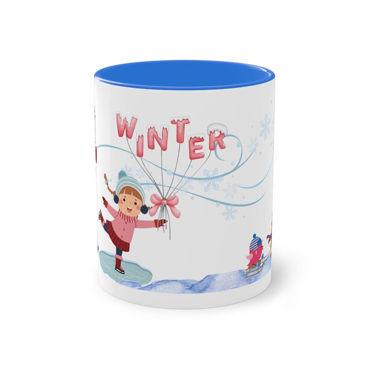Winter Kids Scene Two-Tone Coffee Mug – 11oz Holiday Hot Chocolate Cup