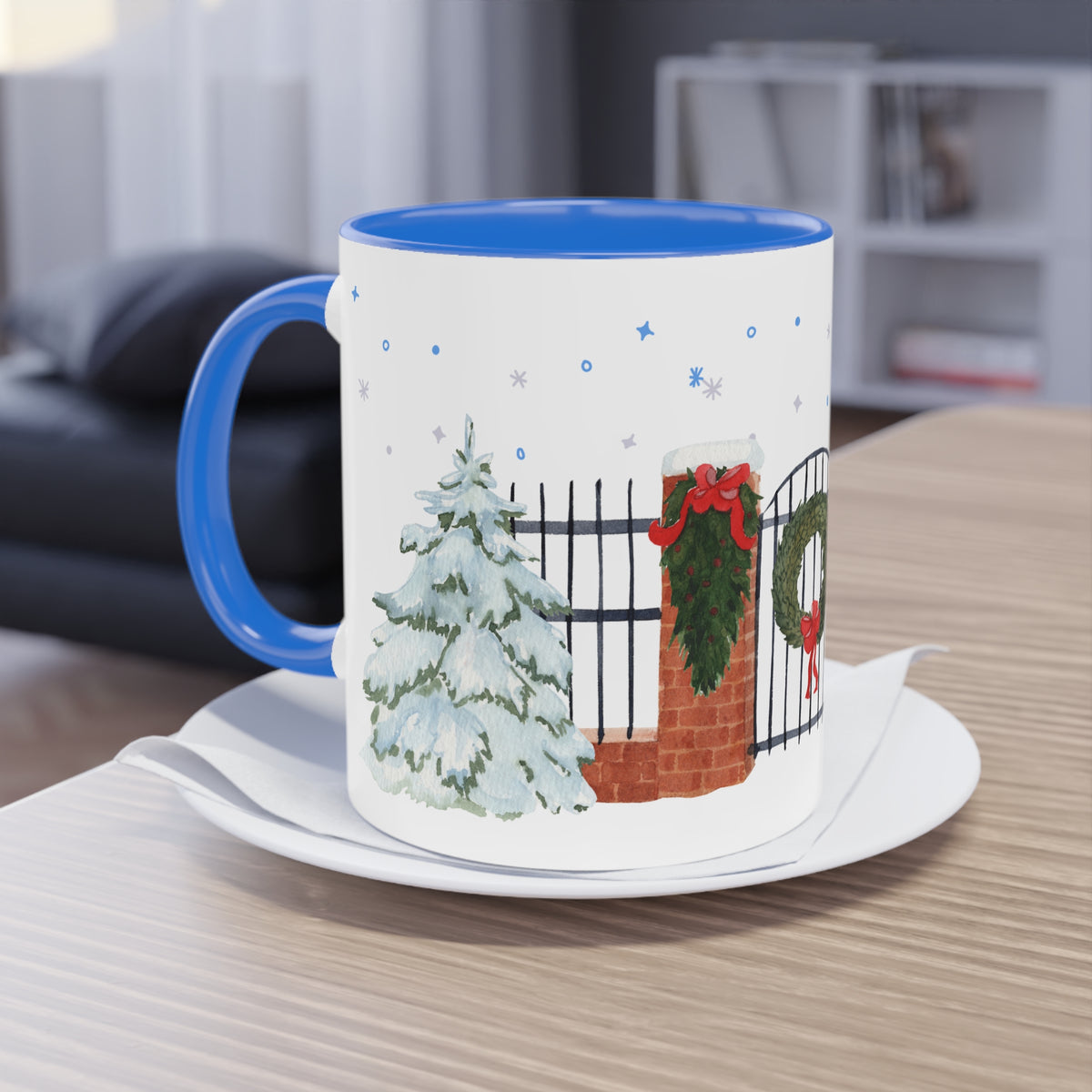 Kaffee Becher - Zaun mit Weihnachtsdeko