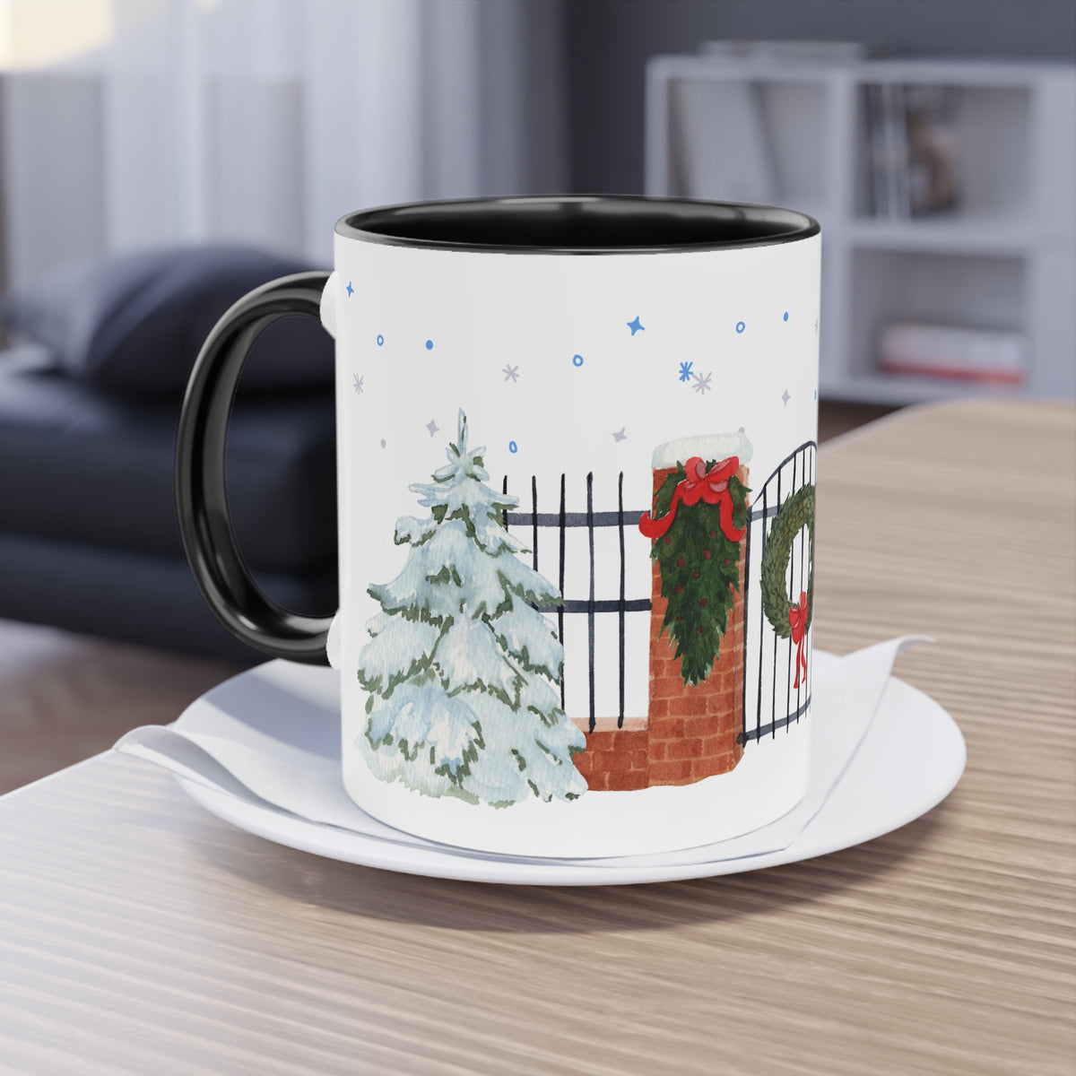 Kaffee Becher - Zaun mit Weihnachtsdeko