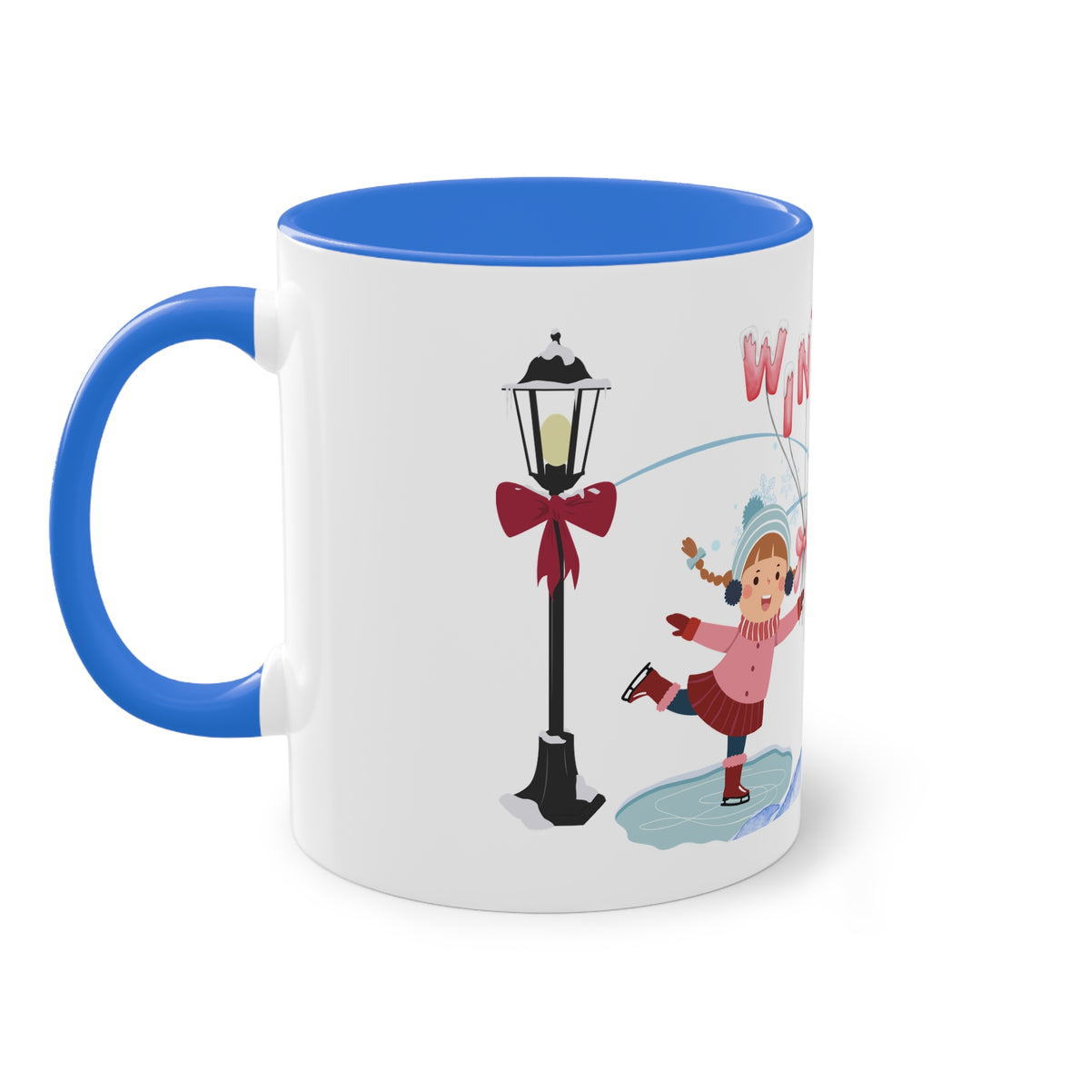 Winter Kids Scene Two-Tone Coffee Mug – 11oz Holiday Hot Chocolate Cup