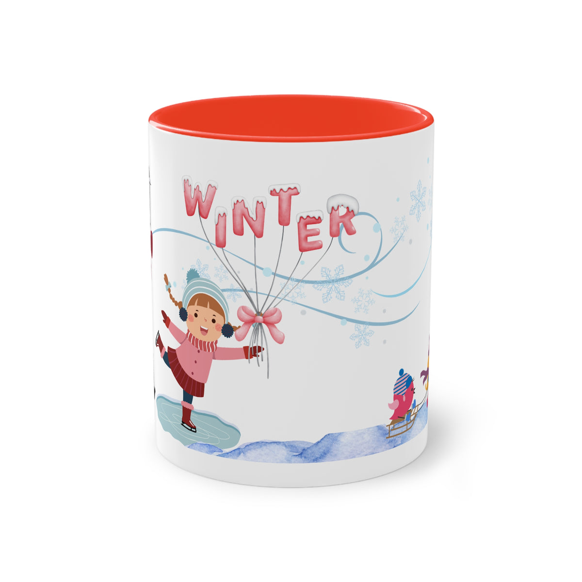 Winter Kids Scene Two-Tone Coffee Mug – 11oz Holiday Hot Chocolate Cup