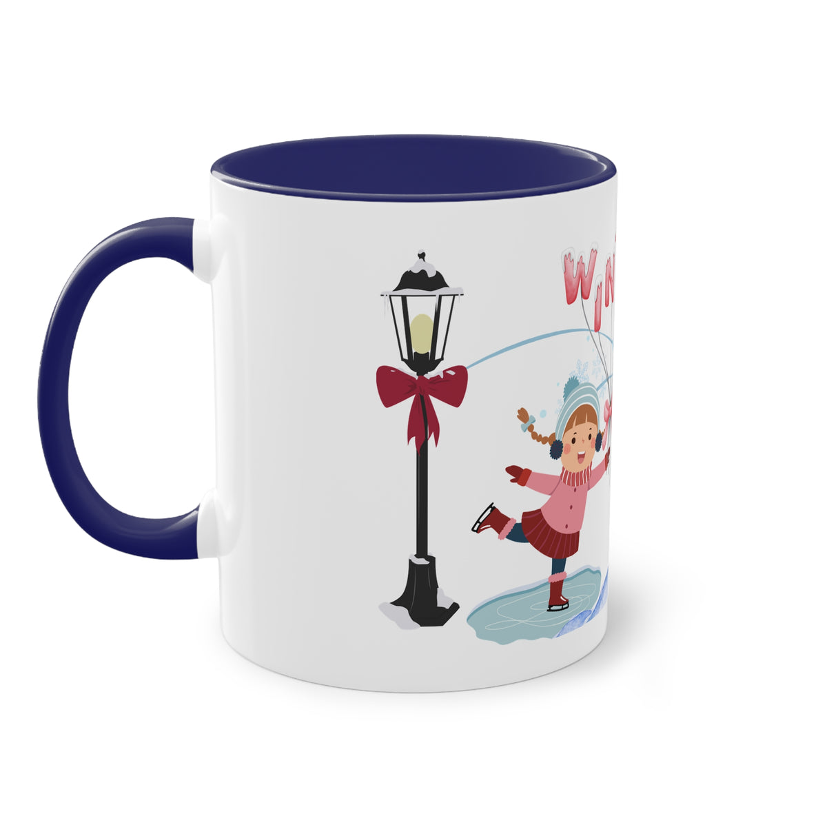 Winter Kids Scene Two-Tone Coffee Mug – 11oz Holiday Hot Chocolate Cup