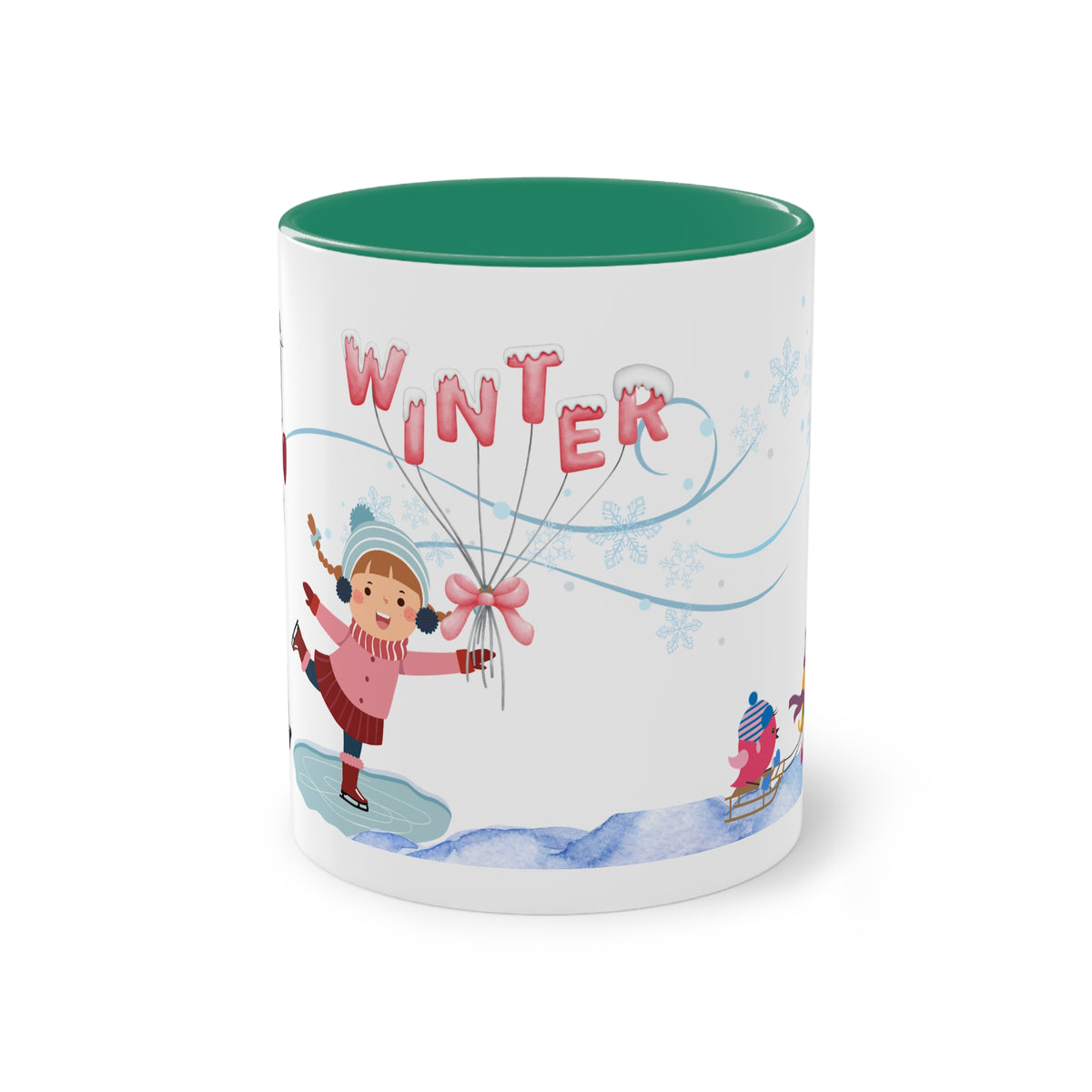 Winter Kids Scene Two-Tone Coffee Mug – 11oz Holiday Hot Chocolate Cup