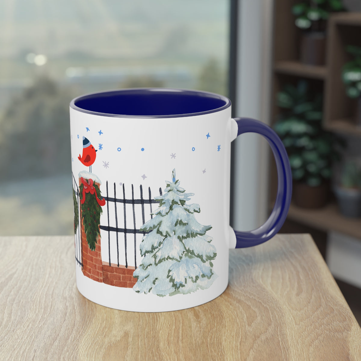 Kaffee Becher - Zaun mit Weihnachtsdeko