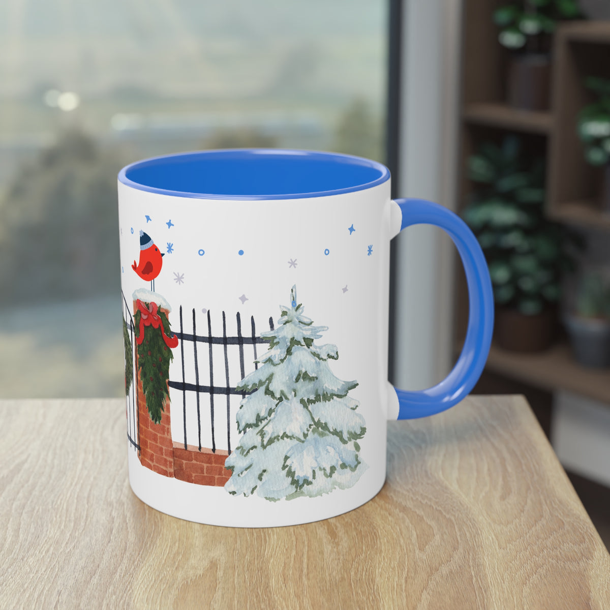 Kaffee Becher - Zaun mit Weihnachtsdeko