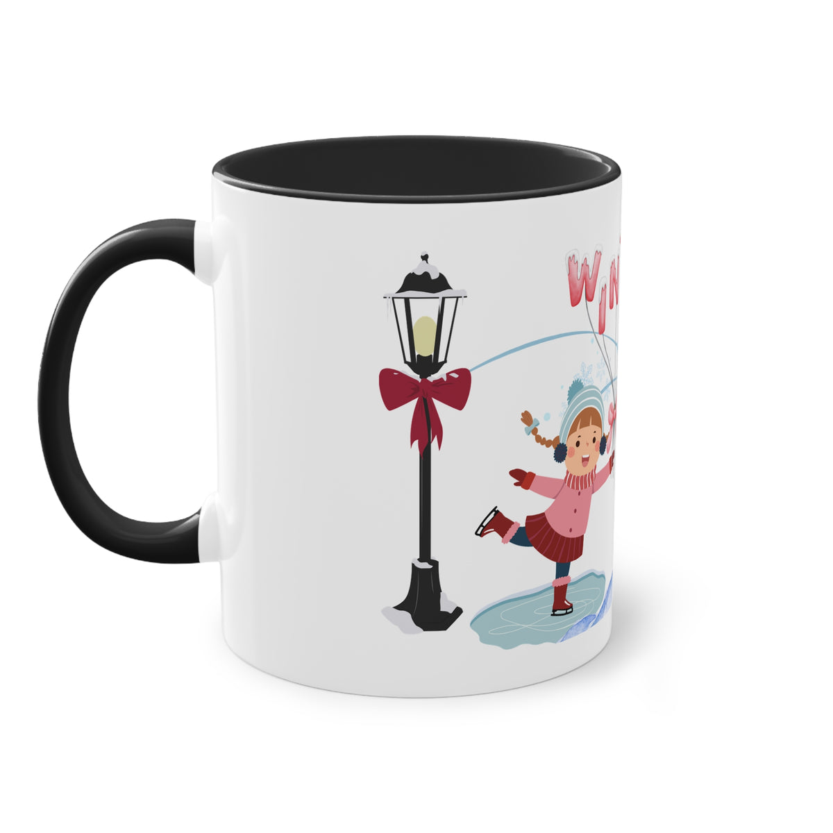 Winter Kids Scene Two-Tone Coffee Mug – 11oz Holiday Hot Chocolate Cup