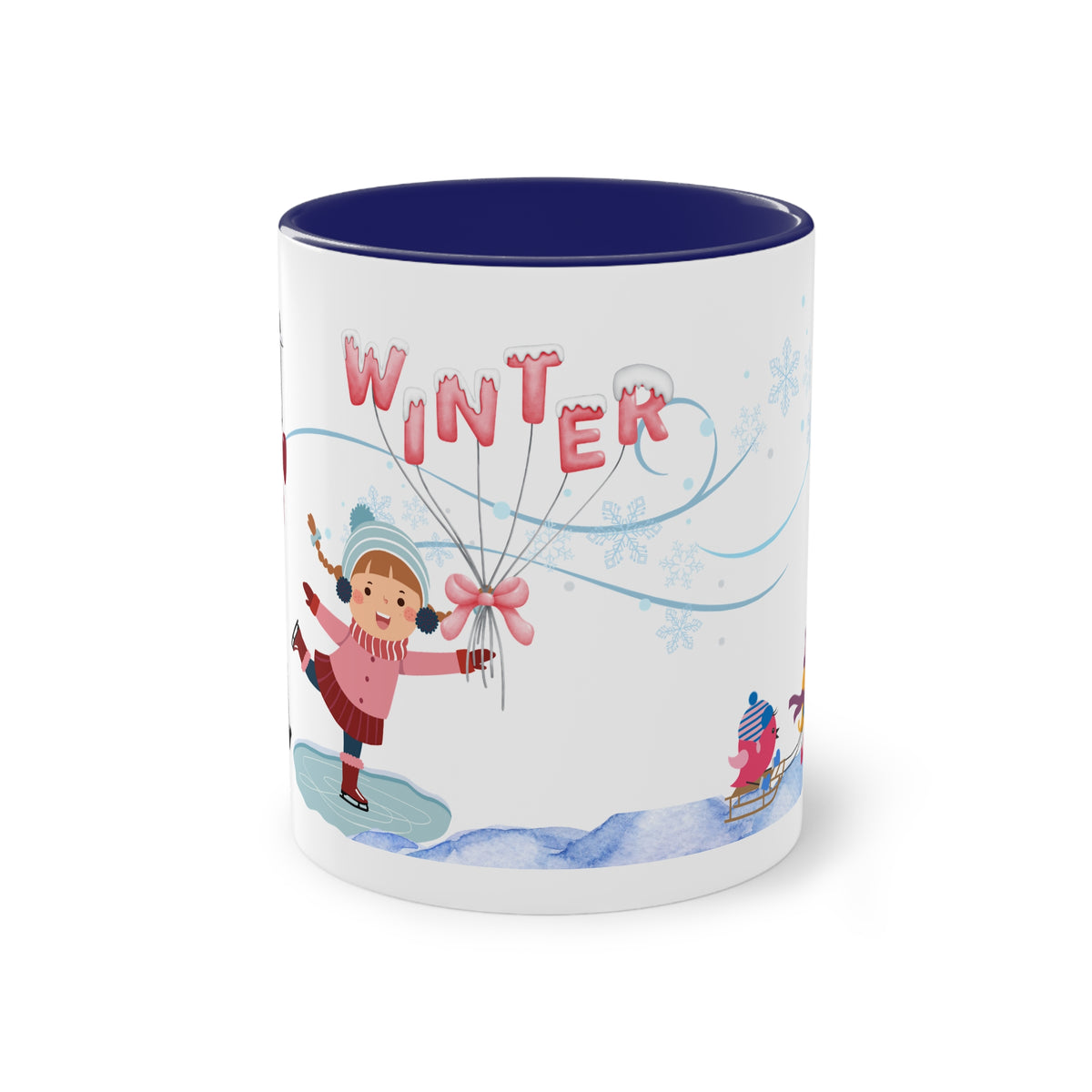 Winter Kids Scene Two-Tone Coffee Mug – 11oz Holiday Hot Chocolate Cup