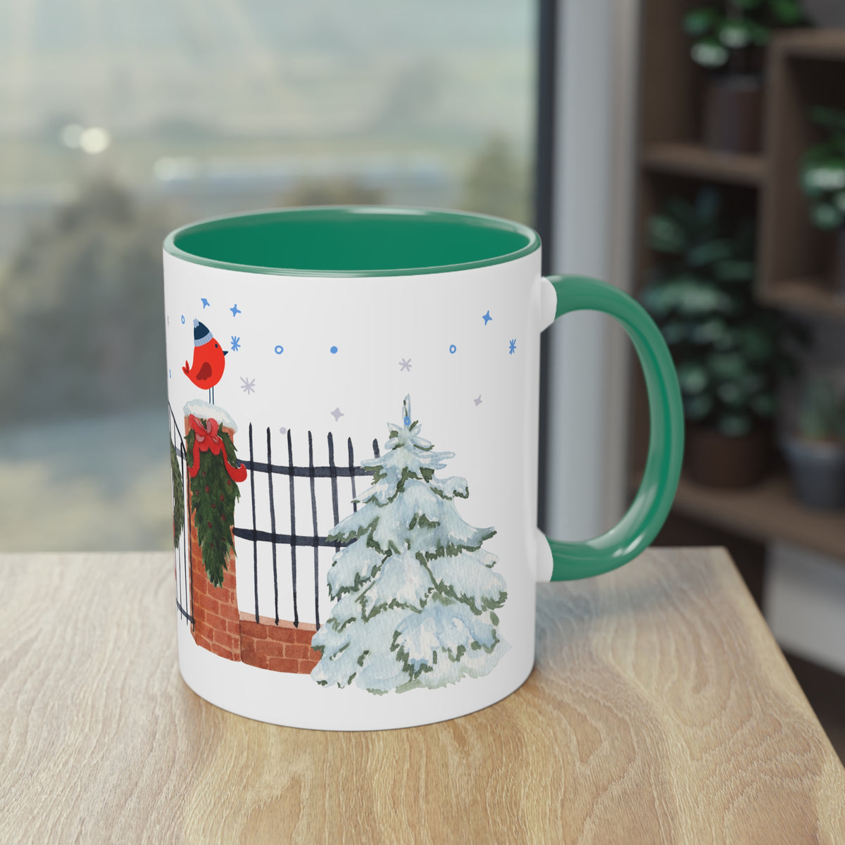 Kaffee Becher - Zaun mit Weihnachtsdeko