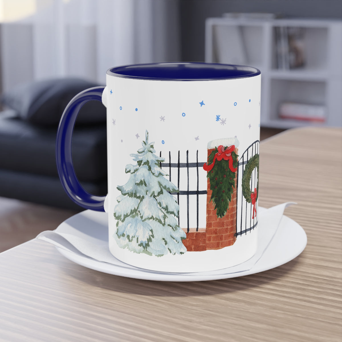 Kaffee Becher - Zaun mit Weihnachtsdeko