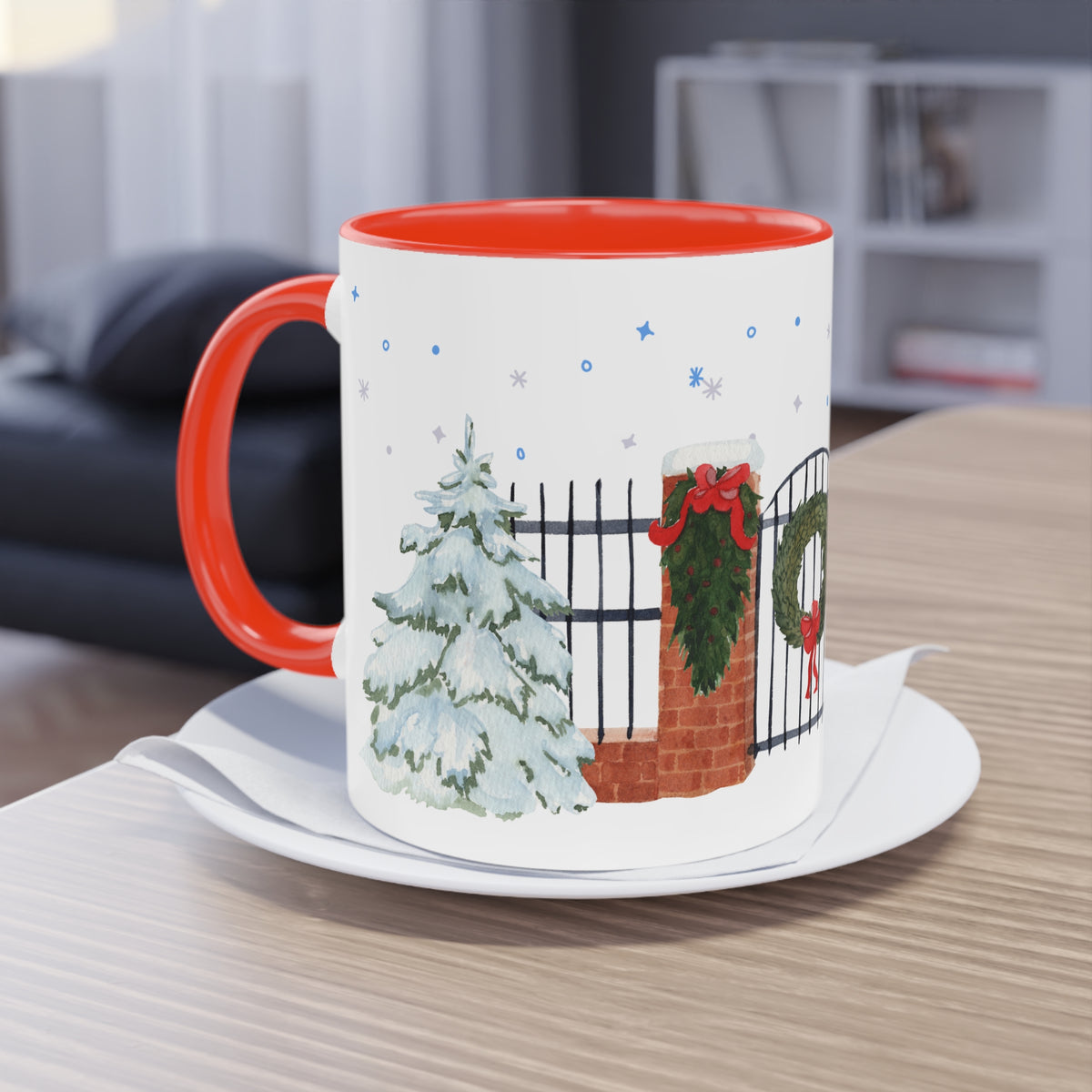 Kaffee Becher - Zaun mit Weihnachtsdeko