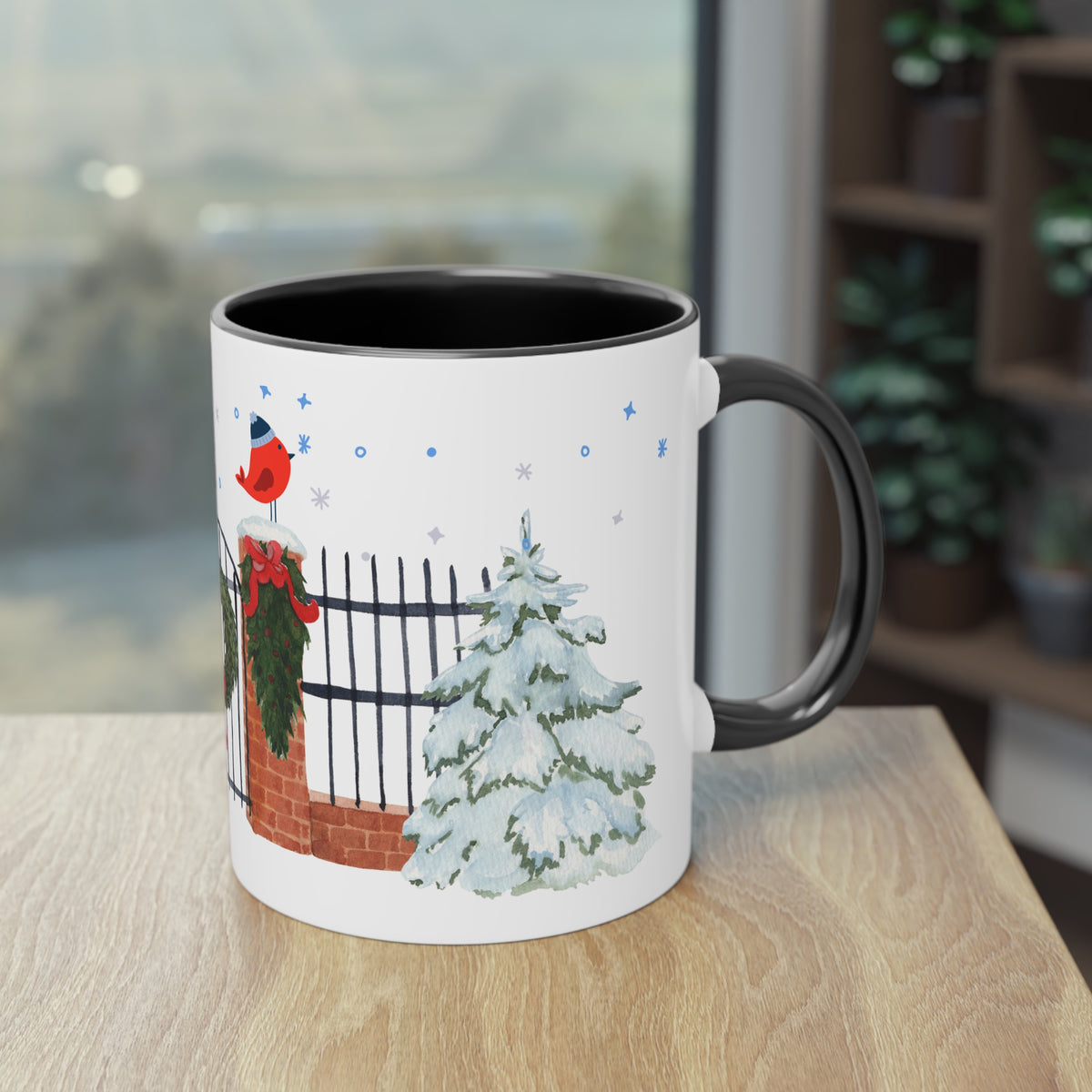 Kaffee Becher - Zaun mit Weihnachtsdeko