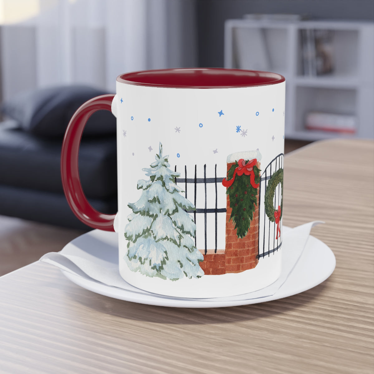 Kaffee Becher - Zaun mit Weihnachtsdeko