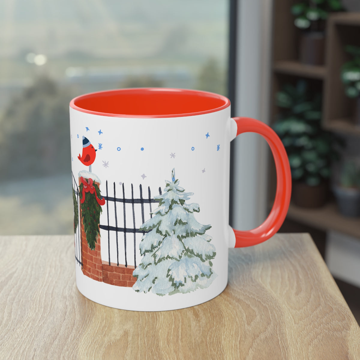 Kaffee Becher - Zaun mit Weihnachtsdeko