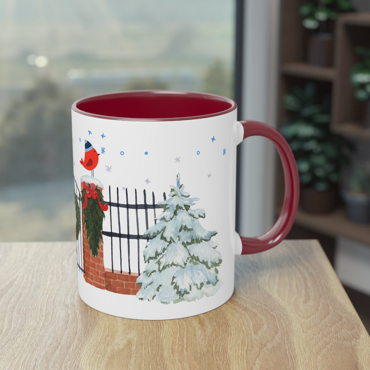 Kaffee Becher - Zaun mit Weihnachtsdeko