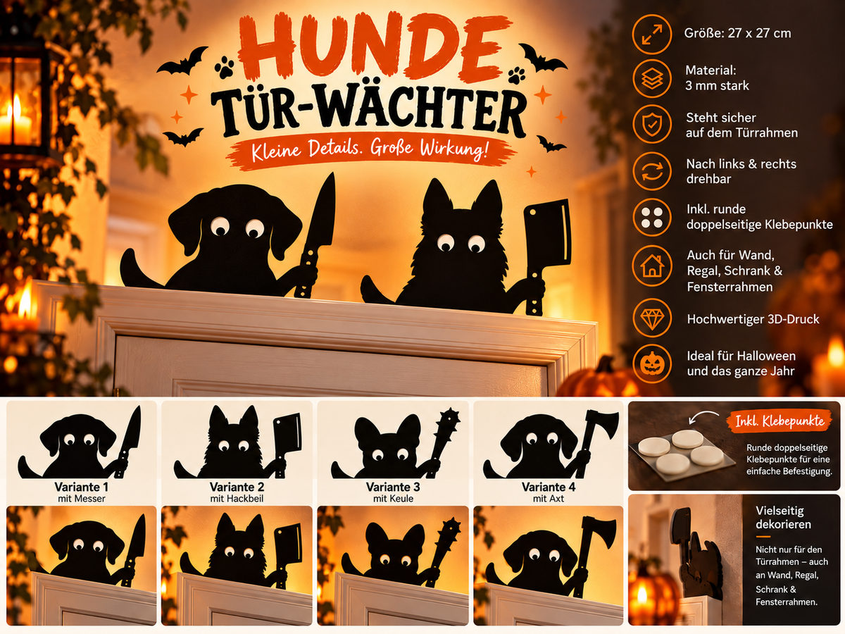 Übersicht der vier Hunde-Tür-Wächter und ihrer Motive